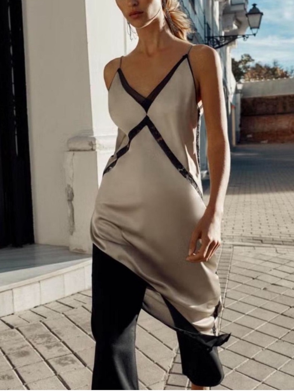 Zara Champagne Satin Slip Dress with Black Trim